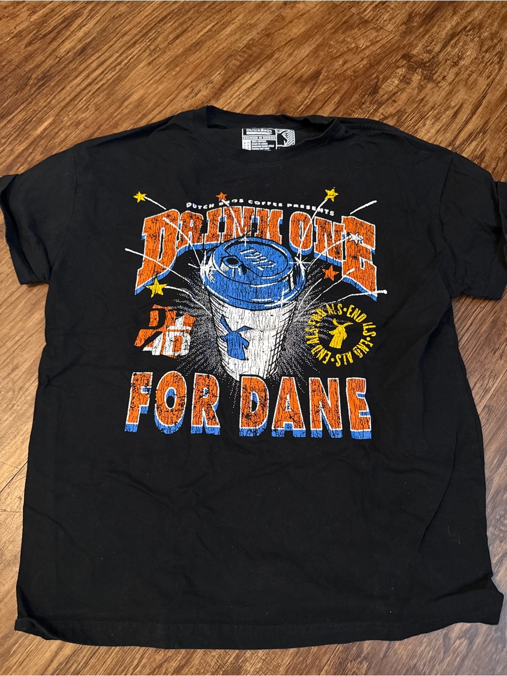 Dutch Bros Black 'Drink One For Dane' Graphic Tee with Orange & Blue Print